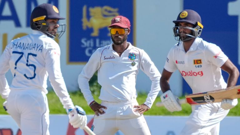 Sri Lanka's Dhananjaya de Silva (L) and Lasith Embuldeniya shared a century partnership for the ninth wicket against West Indies (Associated Press)