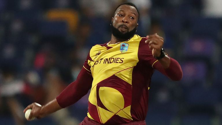 West Indies&#39; Kieron Pollard bowls at the 2021 T20 World Cup (Associated Press)