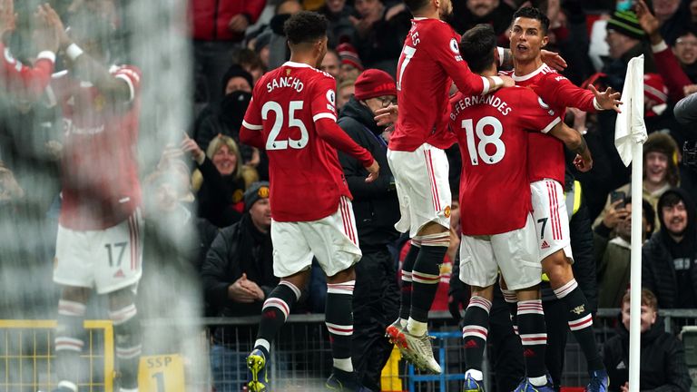 Cristiano Ronaldo celebrates after scoring for Manchester United against Arsenal