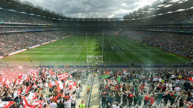 11 September 2021; A general view of Croke Park during the pre-match parade before the GAA Football All-Ireland Senior Championship Final match between Mayo and Tyrone at Croke Park in Dublin. Photo by Stephen McCarthy/Sportsfile