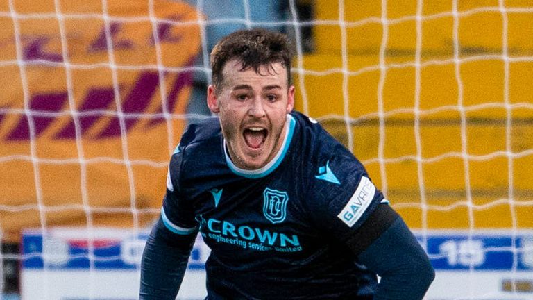 DUNDEE, SCOTLAND - NOVEMBER 27: Danny Mullen celebrates after scoring to make it 2-0 during a cinch Premiership match between Dundee and Motherwell at the Kilmac Stadium at Dens Park, on November 27, 2021, in Dundee, Scotland. (Photo by Craig Foy / SNS Group)