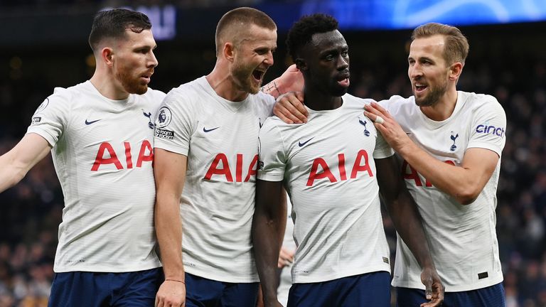 Davinson Sanchez celebrates after scoring Tottenham's second goal against Norwich with team-mates Pierre-Emile Hojbjerg, Eric Dier and Harry Kane