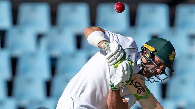 South Africa's captain Dean Elgar ducks under a delivery from India's bowler Jasprit Bumrah, during the fourth day of the Test Cricket match between South Africa and India at Centurion Park in Pretoria, South Africa, Wednesday, Dec. 29, 2021. (AP Photo/Themba Hadebe)