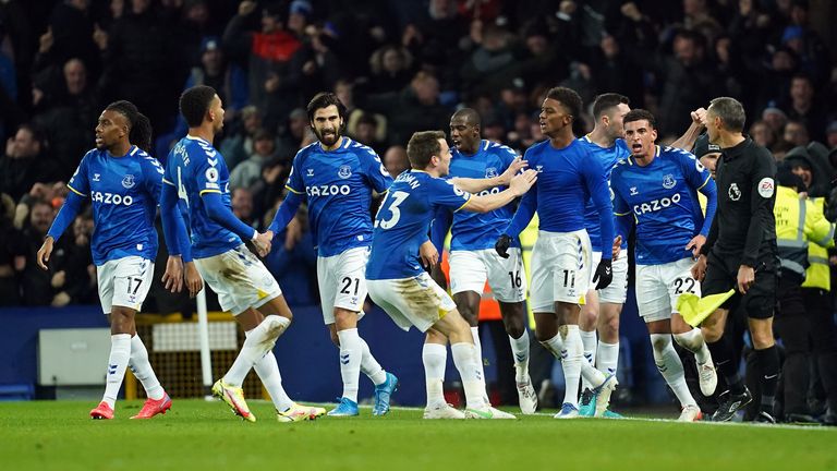 Demarai Gray (No 11) takes the congratulations after hitting a late winner for Everton against Arsenal