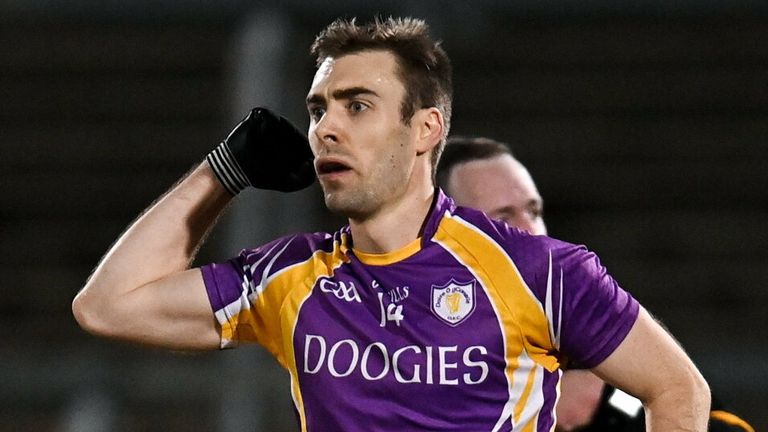 18 December 2021; Conall Jones of Derrygonnelly Harps celebrates after kicking a late point during the AIB Ulster GAA Football Club Senior Championship Semi-Final match between Clann ..ireann and Derrygonnelly Harps at Kingspan Breffni in Cavan. Photo by Ramsey Cardy/Sportsfile