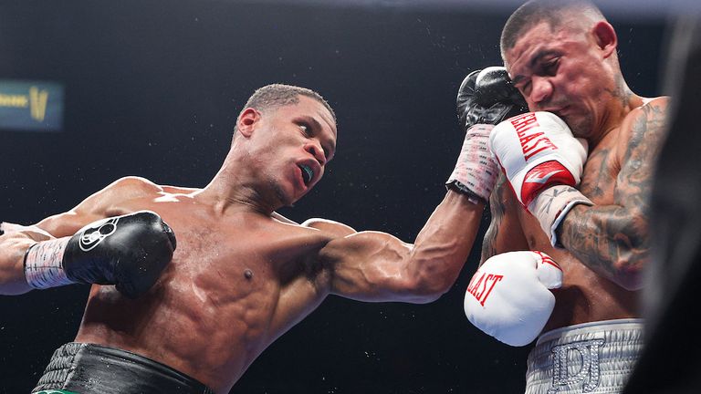 December 4, 2021; Las Vegas, Nevada, USA; Devin Haney and Joseph Diaz Jr. during their December 4, 2021 bout at the MGM Grand Garden Arena in Las Vegas. Mandatory Credit: Ed Mulholland/Matchroom.
