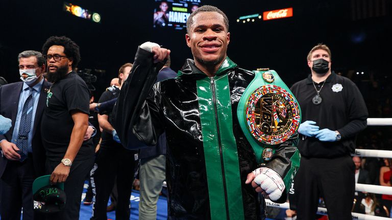 December 4, 2021; Las Vegas, Nevada, USA; Devin Haney celebrates his win over Joseph Diaz Jr. during their December 4, 2021 bout at the MGM Grand Garden Arena in Las Vegas. Mandatory Credit: Ed Mulholland/Matchroom.