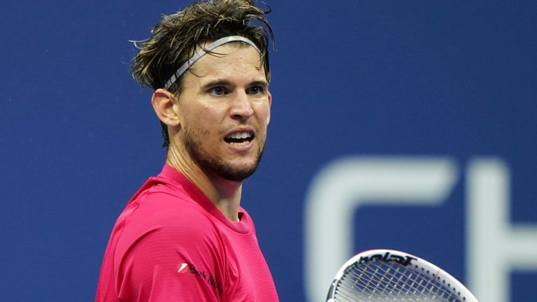 Dominic Thiem in action against Alexander Zverev during a men's singles final match at the 2020 US Open, Sunday, Sept. 13, 2020 in Flushing, NY. (Darren Carroll/USTA via AP)