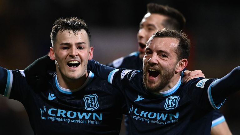 DUNDEE, SCOTLAND - DECEMBER 01: Dundee's Danny Mullen and Paul McMullan celebrate making it 1-0 during a Cinch Premiership match between Dundee and St. Johnstone at Kilmac Stadium, on December 01, 2021, in Dundee, Scotland.  (Photo by Paul Devlin / SNS Group)