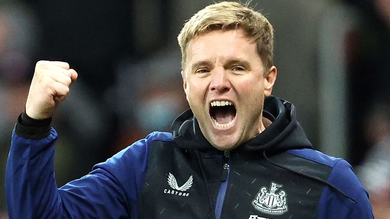 Eddie Howe celebrates Newcastle's first Premier League victory at the full-time whistle