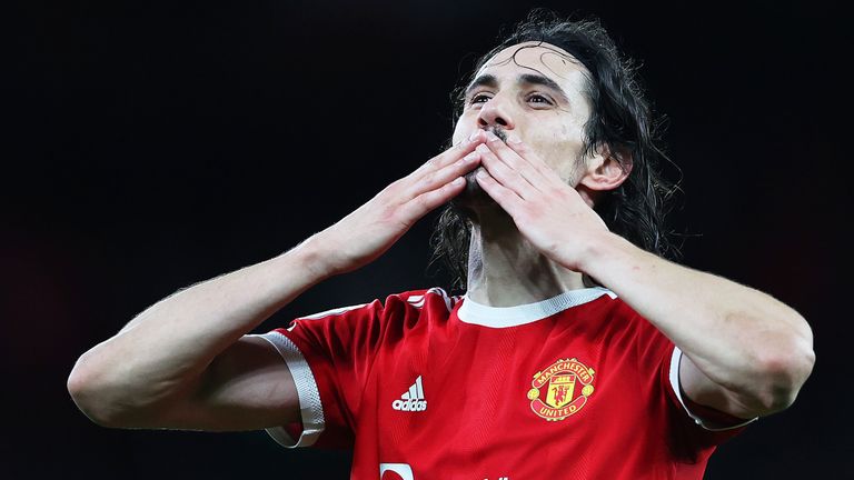 Edinson Cavani blows a kiss to the crowd after Man Utd's win over Burnley