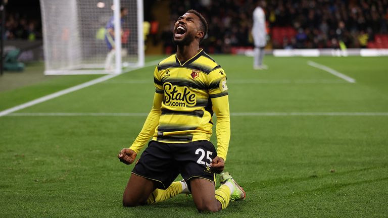 Emmanuel Dennis celebrates after scoring Watford's equalsier