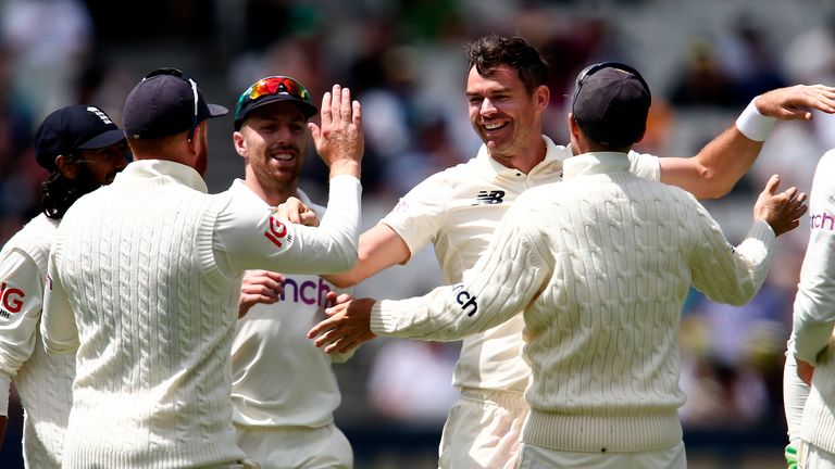 England's James Anderson celebrates the wicket of Australia's Marcus Harris during the Boxing Day Ashes Test Match.