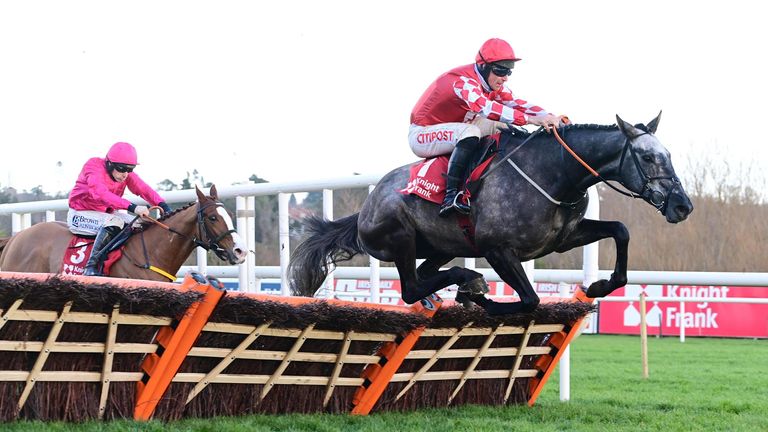 Fil Dor jumps the last to win the Grade Two Knight Frank Juvenile Hurdle 