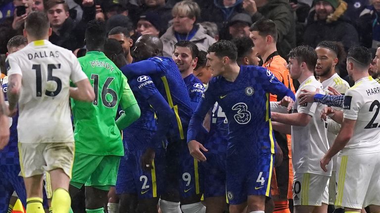 Tempers flare between Chelsea and Leeds players
