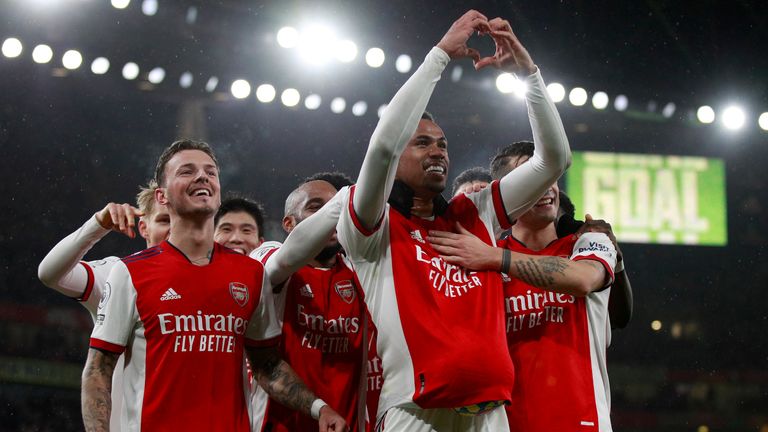 Gabriel gestures after scoring Arsenal's third goal of the game (AP)