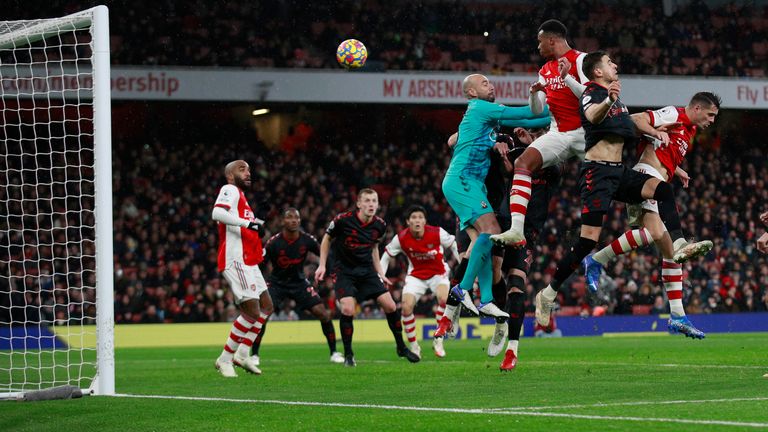 Gabriel heads Arsenal into a 3-0 lead (AP)