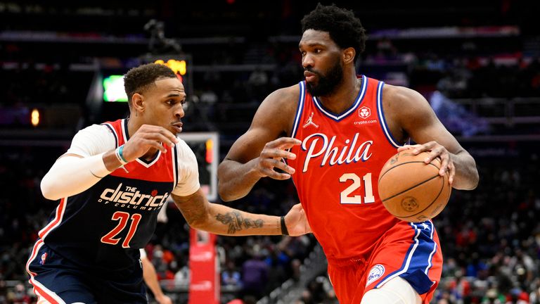 Philadelphia 76ers center Joel Embiid drives to the basket against Washington Wizards center Daniel Gafford