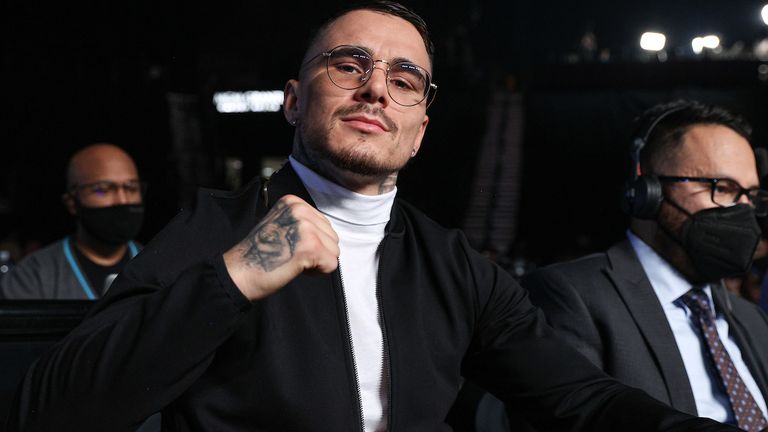 December 4, 2021; Las Vegas, Nevada, USA; George Kambosos sits ringside for Devin Haney and Joseph Diaz Jr. during their December 4, 2021 bout at the MGM Grand Garden Arena in Las Vegas. Mandatory Credit: Ed Mulholland/Matchroom.