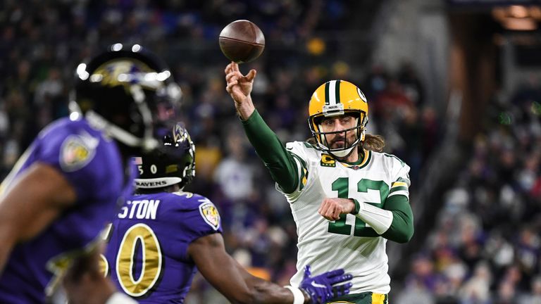 Green Bay Packers quarterback Aaron Rodgers (12) throws the ball during the second quarter of an NFL football game against the Baltimore Ravens, Sunday, Dec. 19, 2021, in Baltimore. (AP Photo/Terrance Williams)


