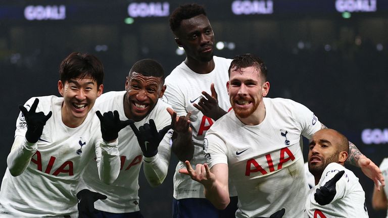 Hueng-min Son celebrates with teammates after scoring Spurs' third