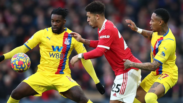 Jadon Sancho in action with Jeffrey Schlupp and Nathaniel Clyne during Manchester United's game vs Crystal Palace