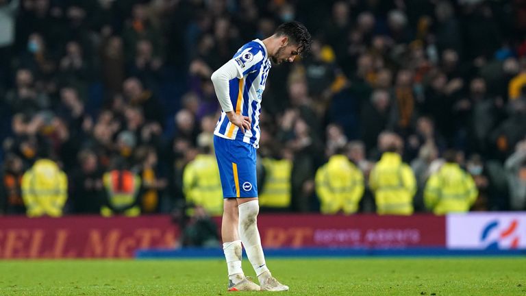 Jakub Moder shows the strain after Brighton's defeat