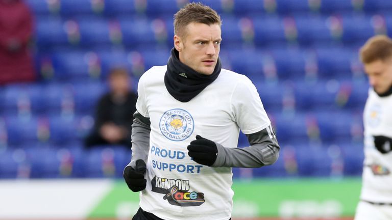 LEICESTER, ENGLAND - NOVEMBER 28: Jamie Vardy of Leicester City warms up in a Stonewall Rainbow Laces campaign t shirt ahead of the Premier League match between Leicester City and Watford at King Power Stadium on November 28, 2021 in Leicester, England. (Photo by Plumb Images/Leicester City FC via Getty Images)