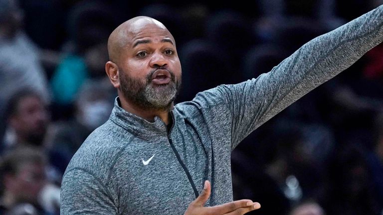 Cleveland Cavaliers head coach J.B Bickerstaff gives directions to players in the second half of an NBA basketball game against the Portland Trail Blazers, Wednesday, Nov. 3, 2021, in Cleveland. The Cavaliers won 107-104. (AP Photo/Tony Dejak)