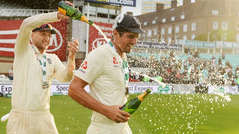 Captain Joe Root and Alastair Cook at the end of Cook's final Test - a victory over India which sealed a 4-1 series win