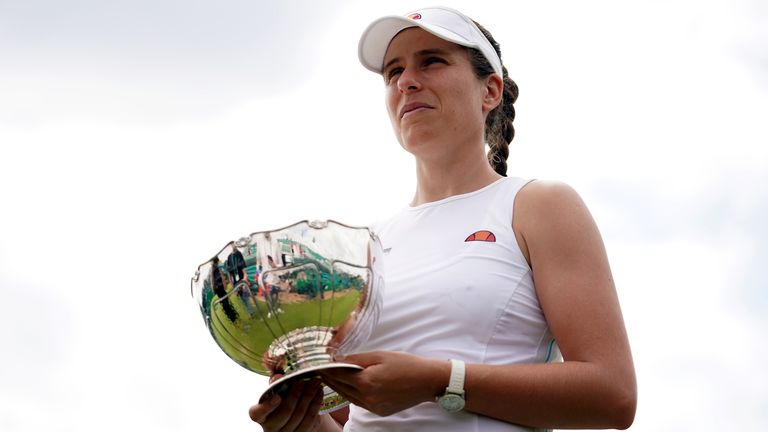 Johanna Konta with the trophy after winning her WTA final against Shuai Zhang on day nine of the Viking Open at Nottingham Tennis Centre. 