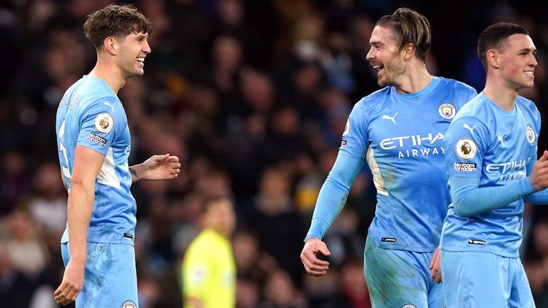 John Stones celebrates his goal, Man City's sixth