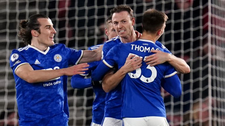 Leicester City's Jonny Evans celebrates his goal