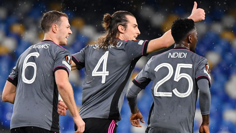 Jonny Evans (second left) celebrates with team-mates after scoring for Leicester vs Napoli