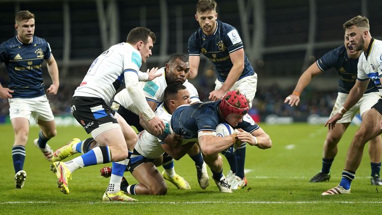 Leinster's Josh van der Flier dives in to score his sides seventh try during the Heineken Champions Cup match at Aviva Stadium, Dublin. Picture date: Saturday December 11, 2021.