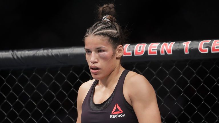 Julianna Pena waits between rounds during a women's bantamweight fight against Nicco Montano at UFC Fight Night in Sacramento, California, Saturday, July 13, 2019. (AP Photo/Jeff Chiu)