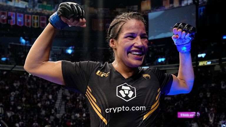 Julianna Pena celebrates her victory over Amanda Nunes of Brazil in their UFC bantamweight championship bout during the UFC 269 on December 11, 2021 in Las Vegas, Nevada. (Photo by Jeff Bottari/Zuffa LLC)