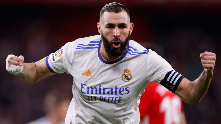 Real Madrid's Karim Benzema celebrates after scoring his side's opening goal Athletic Bilbao