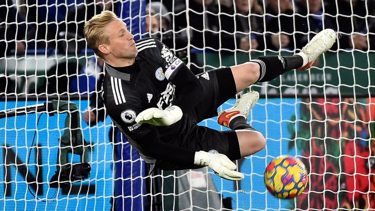 Kasper Schmeichel saves a penalty from Mohamed Salah (AP)