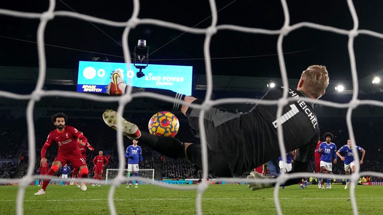 Kasper Schmeichel saves a penalty from Mohamed Salah