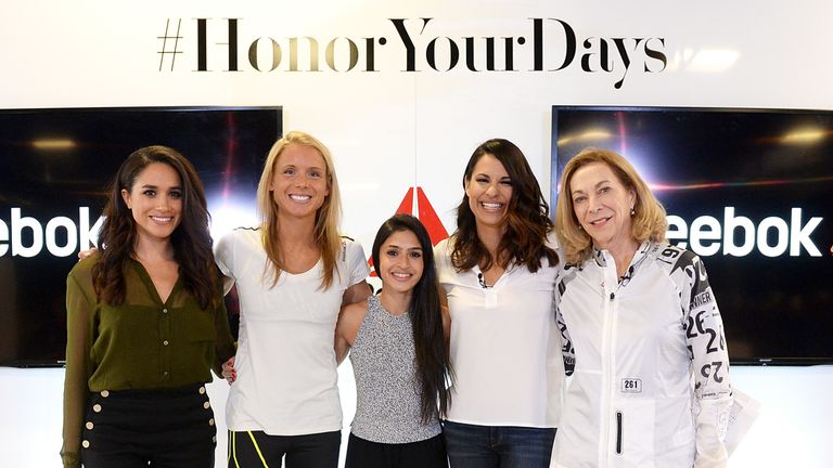 Meghan Markle (left) and Switzer (right) at a #HonorYourDays luncheon in Massachusetts to remind people to push their limits