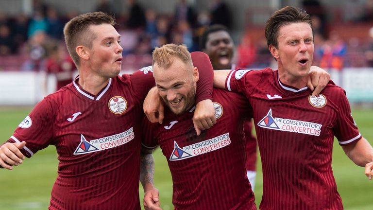 KELTY, SCOTLAND - JULY 31: Kelty Hearts celebrate their opening goal during a cinch League Two match between Kelty Hearts and  Cowdenbeath at New Central Park, on July 31, 2021, in Kelty, Scotland. (Photo by Mark Scates / SNS Group)