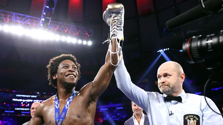 NEW YORK, NEW YORK - DECEMBER 11: Keyshawn Davis is victorious as he defeats Jose Zaragoza during their lightweight fight at Madison Square Garden on December 11, 2021 in New York City. (Photo by Mikey Williams/Top Rank Inc via Getty Images)