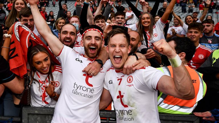 Pádraig Hampsey and Kieran McGeary of Tyrone celebrate with supporters after the GAA Football All-Ireland Senior Championship Final match between Mayo and Tyrone at Croke Park in Dublin. Photo by David Fitzgerald/Sportsfile