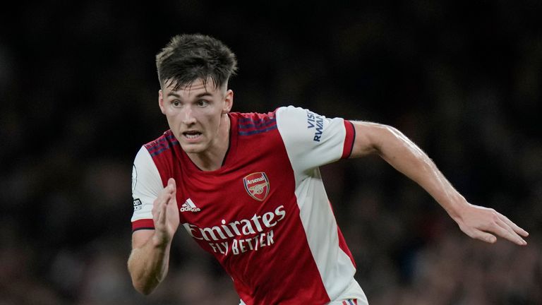 Arsenal...s Kieran Tierney in action during the English Premier League soccer match between Arsenal and Crystal Palace at  the Emirates stadium in London,  Monday Oct. 18, 2021.(AP Photo/Alastair Grant)..