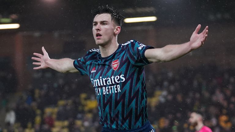 Arsenal's Kieran Tierney cheers for scoring his team's second goal