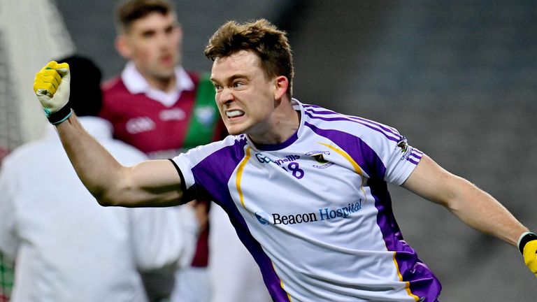 18 December 2021; Cian O'Connor of Kilmacud Crokes celebrates after scoring his side's first goal during the AIB Leinster GAA Football Senior Club Championship Semi-Final match between Portarlington and Kilmacud Crokes at Croke Park in Dublin. Photo by Seb Daly/Sportsfile
