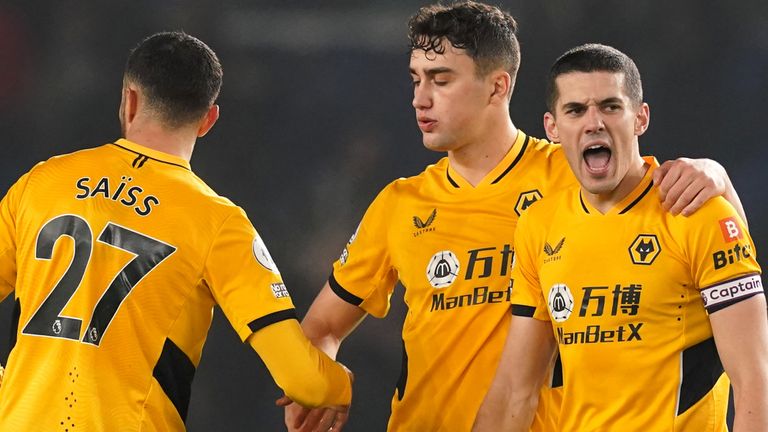 Wolves defenders Romain Saiss, Max Kilman (centre) and Conor Coady have impressed this season (PA)