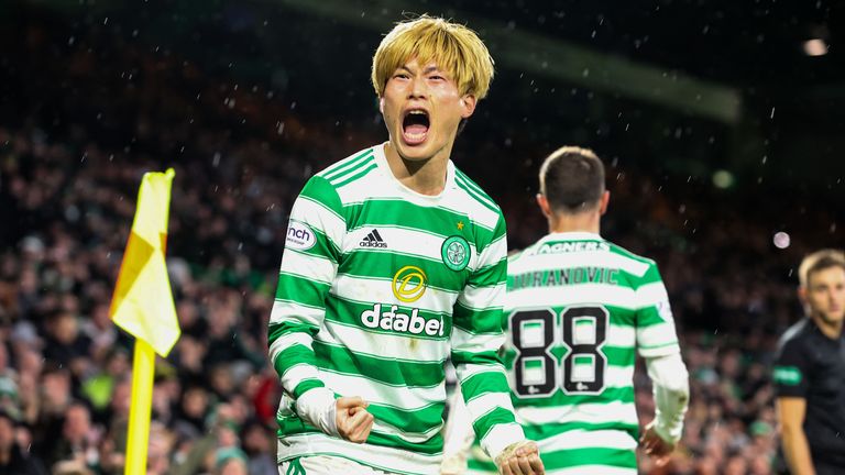 Kyogo Furuhashi celebrates after his opening goal for Celtic against Hearts
