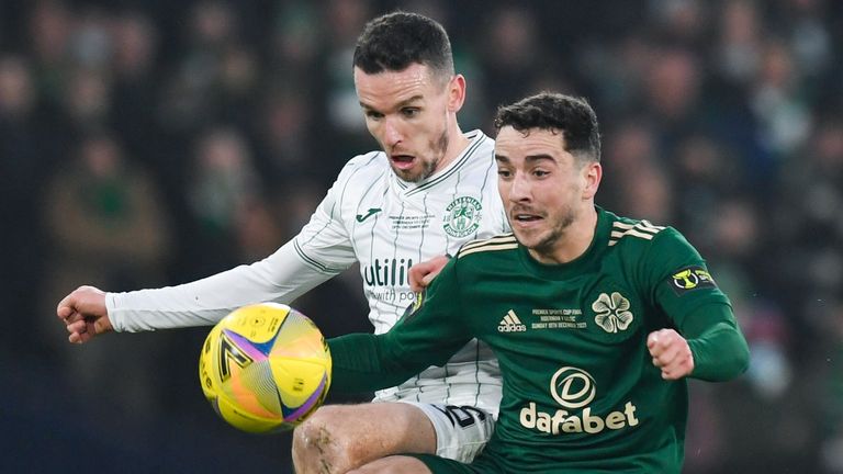 Celtic&#39;s Michael Johnston and Hibs&#39; Paul McGinn during the Premier Sports Cup Final between Celtic and Hibernian at Hampden Park